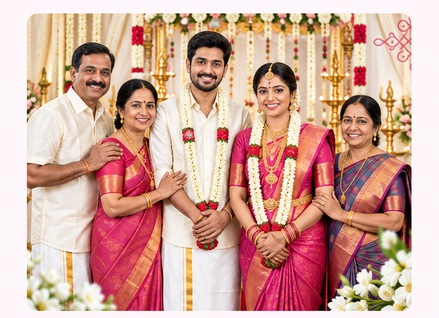 மணமக்களுடன் மகிழ்ச்சியாக நிற்கும் தமிழ் குடும்பம்